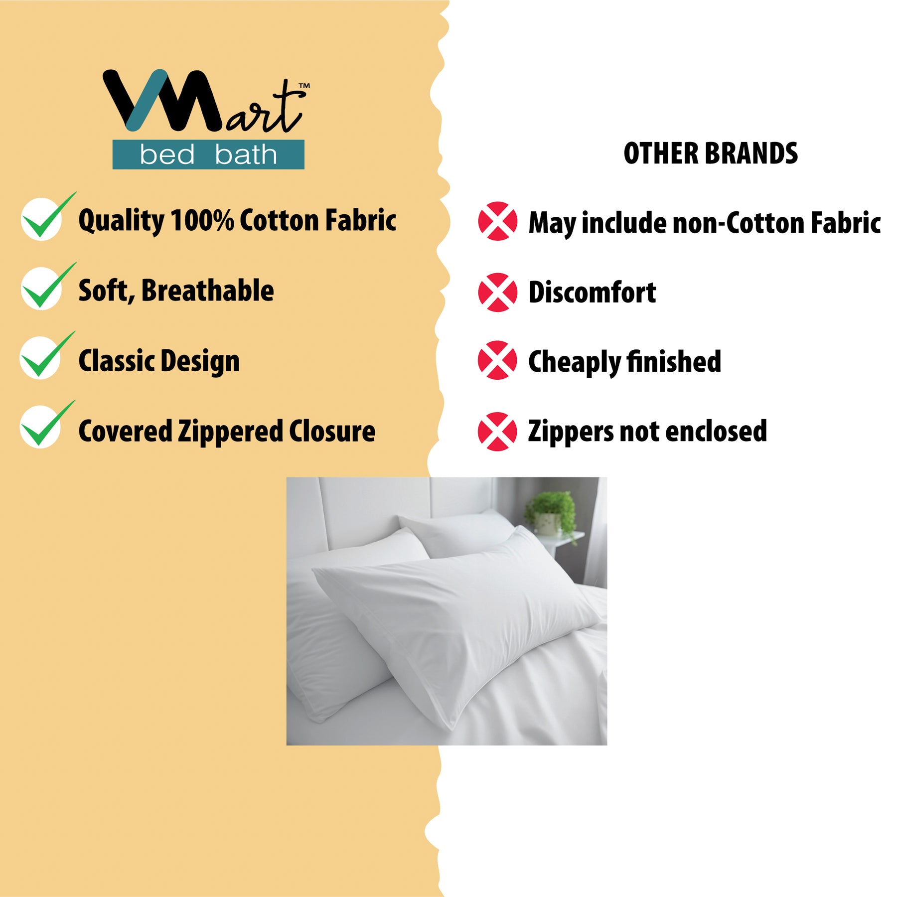 Set of 4 cotton sateen zippered pillow covers in packaging, available in Standard, Queen and King sizes